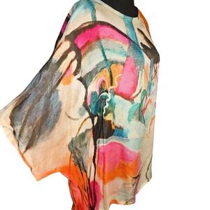 Multicolor Abstract Artsy Eclectic Drop Sleeve Sheer Sort Sleeve Blouse XL